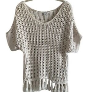 American Eagle Cream Crochet Open Knit Fringe Hem Boho Sweater Top Womens Medium